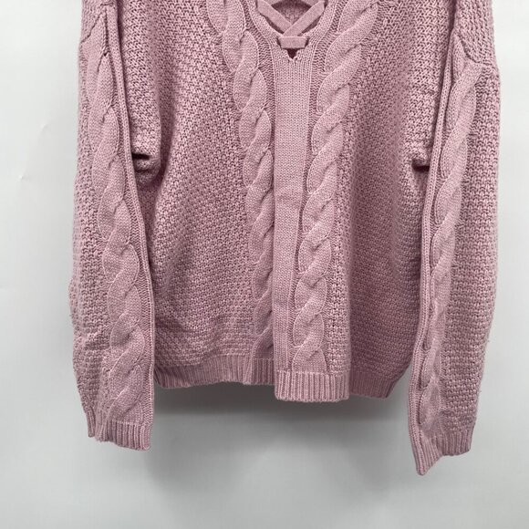 It's Our Time Cable Knit Sweater Criss Cross Neck Long Sleeve Pink Size Large - Picture 3 of 9